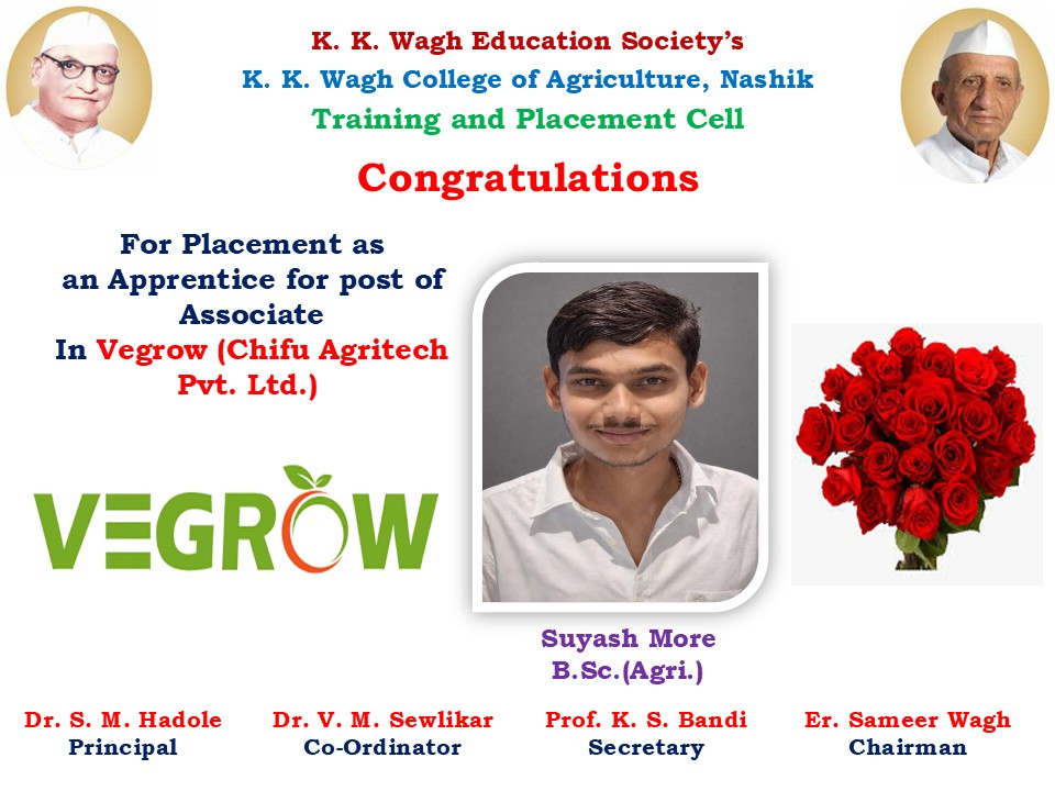 Suyash More for selected as intern with Vegrow (Chifu Agritech Pvt. Ltd.)